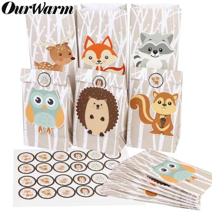 OurWarm 12Pcs Safari Animals Paper Gift Bag Jungle Party Decorations Sweet Candy Packaging Bags Woodland Birthday Party Supplies